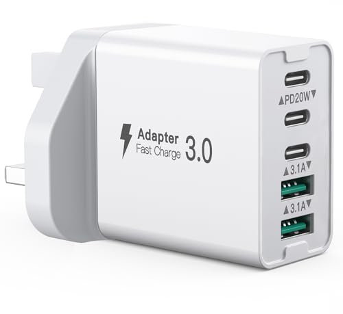 USB C Plug, 50W USB Wall Charger, 5-Port USB C Charger Block, USB Fast Charger UK, Fast Charging Block dual port QC+PD Wall Plug for iPhone 12/13/14/15, Powe Adapter for Samsung S24/S23/S22/Tablet.