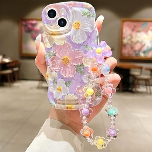 for iPhone 13 Mini Curly Wavy Case, Cute Colorful Retro Oil Painting Flower Glossy Pattern [with Bead Chain], Slim Fit Shockproof Protective Cover for Girls Women (Purple)