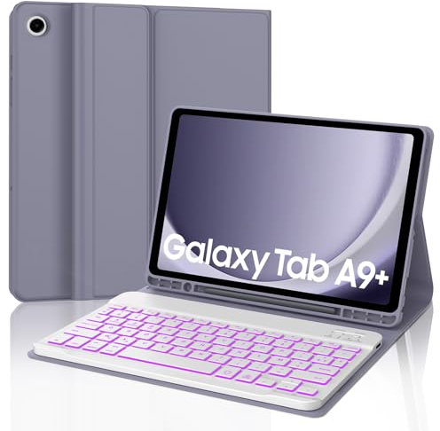 JADEMALL Coque Clavier pour Samsung Tab A9 Plus 2023 11, AZERTY Français Rétro-éclairé Clavier Bluetooth Détachable pour Samsung Galaxy Tab A9+/A9 Plus 11, Viole