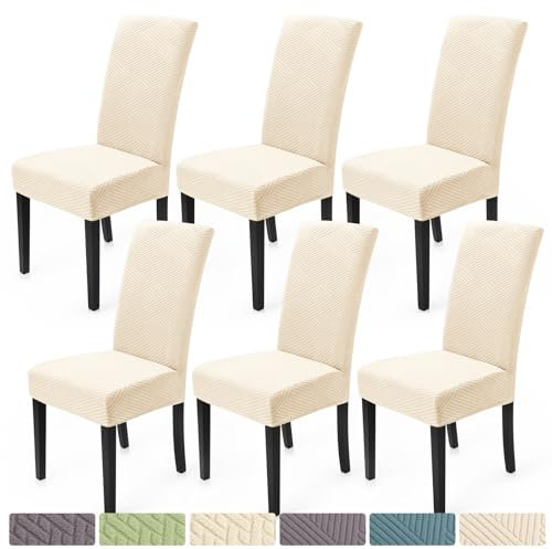 Housse de Chaise Extensible 6 Pièces Housse de Salle à Manger Universelle Couverture de Chaise en Stripes Jacquard Lavable Amovible pour Décor Cuisine Hôtel Restaurant (6 Pièces, Crème Blanche)-XW