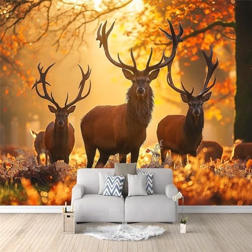 Autumn Leaves Photo Wallpaper Sunset Forest Animal Deer Non-Woven Living Room Bedroom Wall Decoration - Photo Mural- Gaming Room TV Background Wall Decor 250 x 175 cm