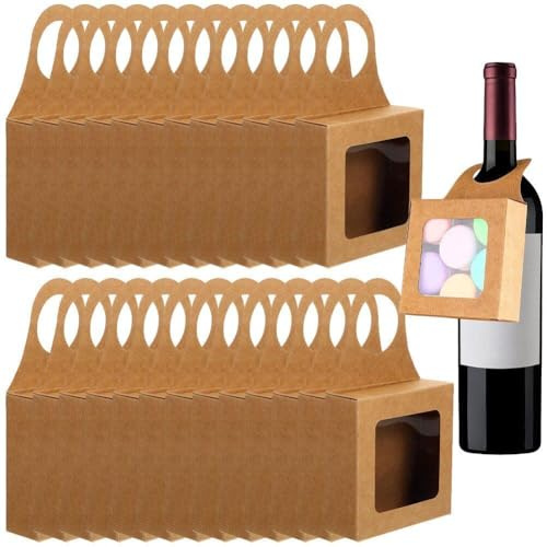 Sanfly Wine Bottle Hanging Gift Boxes with Window 25pcs Foldable Kraft Wine Bottle Box Decorative Wine Boxes for Party Favor