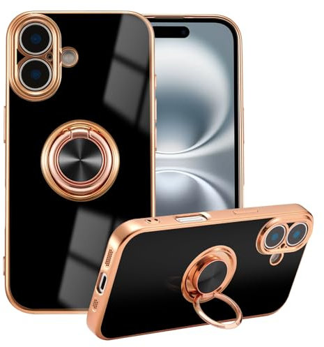EYZUTAK Electroplated Magnetic Ring Holder Case for iPhone 16, 360 Degree Rotation Metal Anti-fall Finger Ring Kickstand Magnet Car Holder Slim Soft Silicone Shockproof Cover - Black