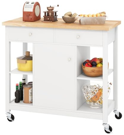 GiantexUK Kitchen Island Cart, Mobile Storage Trolley on Wheels with Adjustable Shelf, Rubber Wood Tabletop & Drawers, Rolling Utility Serving Cart for Dining Living Room Restaurant (White)