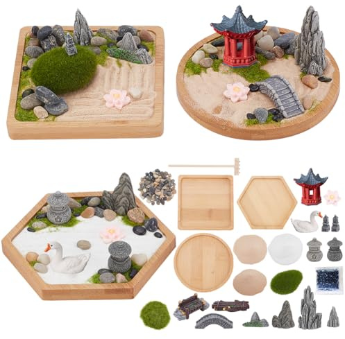 WEBEEDY 3 Sets Mini Zen Garden Kit Sand Tray Kit Japanese Sand Garden for Desktop with Bamboo Tray,Mini Rock Garden Gift Set for Home Office Desk Beautiful Japanese Decor Relaxation Meditation