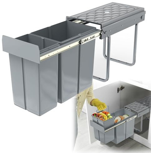 Built-In Bin, Waste Collector, Extendable Bin with Telescopic Rails, Removable Bucket, Waste Separation, Cupboard Bin, Removable Waste Collectors,1x20L+1x10L