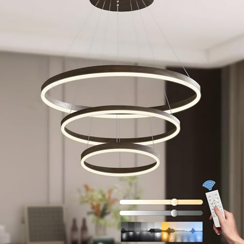 YYUTLUO Moderner DIY-Kreis-LED-Kronleuchter, 3 Braun Ring, ∅20+40+60cm=45W, H200cm Höhe Verstellbar, Metall+Acryl, Dimmbare Fernbedienung, Runde Hängelampe, Wohnzimmer Schlafzimmer Restaurant Büro
