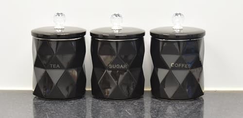 DEENZ Set Of 3 Marble Design Coffee Tea Sugar Canisters Container Kitchen Jar Pots Crystal Best For Gift Home Decor (Black)