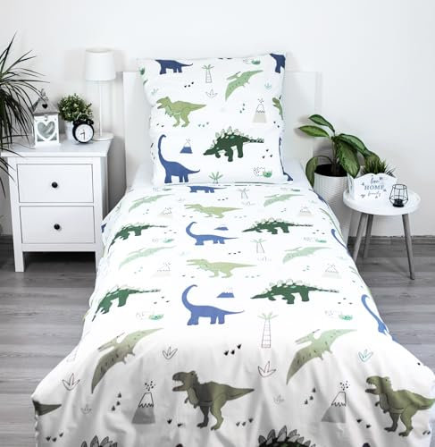Theonoi Set 2 teilig Kinder Bettwäsche Bettbezug Wendebettwäsche 135x200 80x80 Baumwolle Kinderbettwäsche Öko-Tex Deutsche Standardgröße (Dino Dinosaurier)