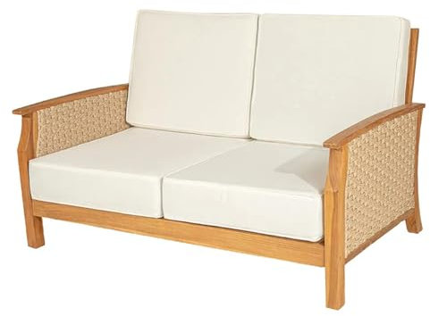 Harmonya - Canapé Salon Bas de Jardin en Bois de Teck Beige avec Matelas - Banquette extérieur avec Matelas Cordes HDPE, Tissu oléfine Blanc résistant