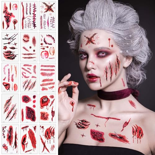Alaoo Halloween Tattoo Wunden,15 Stück Halloween Temporäre Tätowierung Aufkleber,Narben Wunden Tattoo Blutige Wunde Fake Blood Makeup Aufkleber für Halloween Requisiten Cosplay Party Narben Tattoo,A