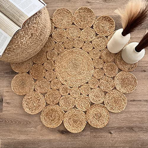 Calliope Runder Teppich, 100 % reine natürliche Jute, künstlerische handgewebte runde Teppiche für Küche, Wohnzimmer, Schlafzimmer, Badezimmer, Bauernhaus – 180 cm rund, 180 cm x 180 cm