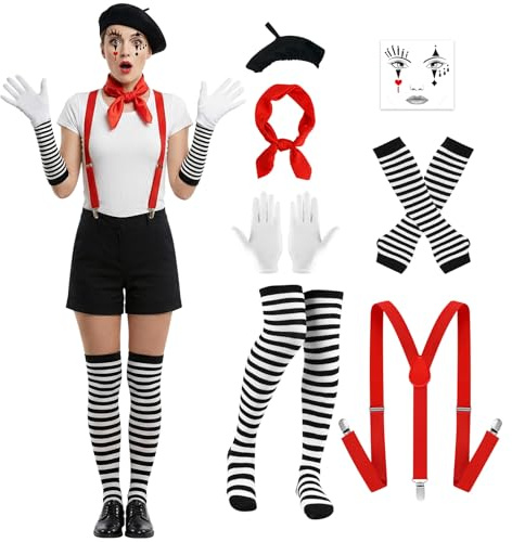 Joyesplay Pantomime Kostüm Damen 7PCS Streifen,Faschings Mime Kostüme Damen Handschuhe Schwarze Berette Rote Bandklemme für Festliche Anlüsse,Rollenspiele Und Pantomime