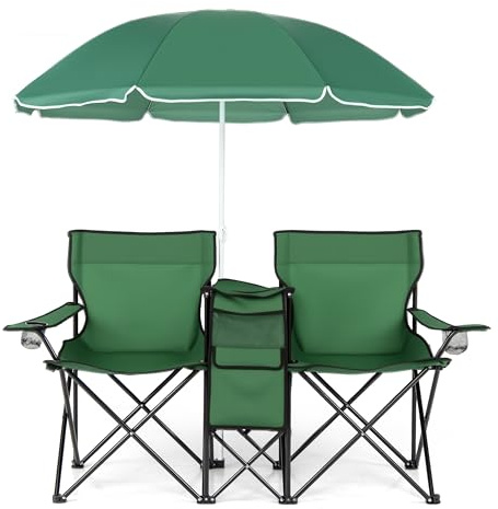 COSTWAY 2-Sitzer Campingstuhl mit Sonnenschirm, Kühltasche, Getränkehalter & Seitentasche, klappbarer Angelstuhl mit Tragetasche, Faltstuhl, Klappstuhl für Camping, Angeln, Picknick (Grün)