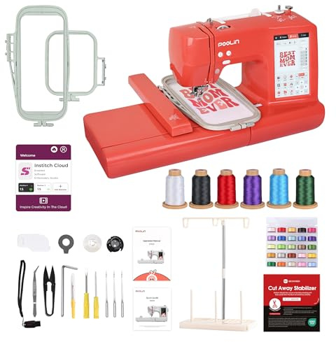 PooLin EOC05 Stickmaschine - Rot - Elektronische Stickmaschine – 7″ LCD-Touchscreen, Rahmen 10×10 cm und 10×23,5 cm, USB/Wi-Fi Motivimport, ideal für Anfänger und Experten