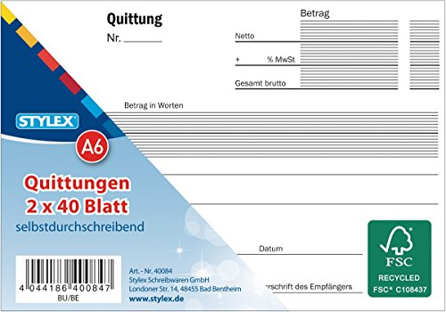 Stylex Quittungen, A6, 2 x 40 Blatt, selbstdurchschreibend