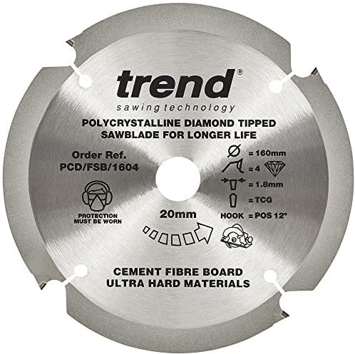 Trend PCD Fibre Cement Circular Saw Blade, 160mm Diameter, 20mm Bore, 4 Teeth, 1.8mm Kerf, +12° Hook, PCD, Coarse Finish, PCD/FSB/1604