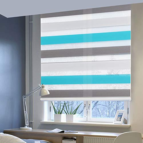 Doppelrollo ohne Bohren Klemmfix, Duo Rollo Seitenzugrollo mit Klämmträgern, Sicht und Sonnenschutz für Fenster Tür Wand, lichtdurchlässig u. Verdunkelnd (Weiß+Grau+Türkis, 90 x 150 cm)