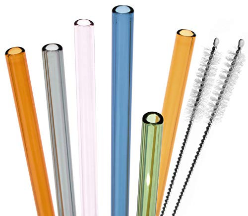 bremermann 6er Set Glas-Trinkhalme, Cocktail-Set, Verschiedene Längen, wiederverwendbar, transparent oder bunt, inklusive 2 Reinigungsbürsten (bunt, 20 cm)