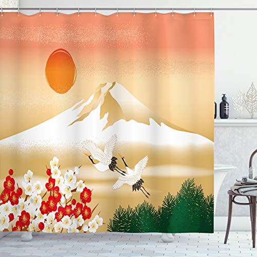 ABAKUHAUS Fuji Duschvorhang, Japanische Landschaft Vögel, Stoffliches Gewebe Badezimmerdekorationsset mit Haken, 175 x 180 cm, Pale Camel Mehrfarbig