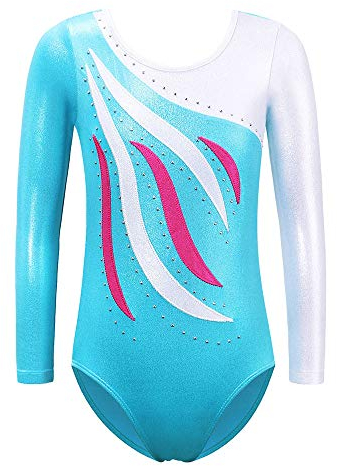 XFGIRLS Gymnastikanzug für Mädchen, langärmelig, glitzernd, glänzend, athletisch, Ballett, Tanz, Turnanzug, 3–14 Jahre, hellblau, 9-10 Years