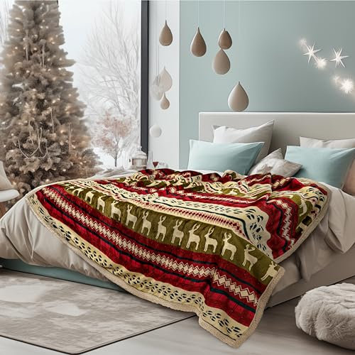 PAVILIA Coperta natalizia Sherpa per letto matrimoniale, in pile di flanella rossa, decorazione natalizia in peluche, calda, morbida, accogliente, reversibile, per le vacanze, 90 x 90 cm