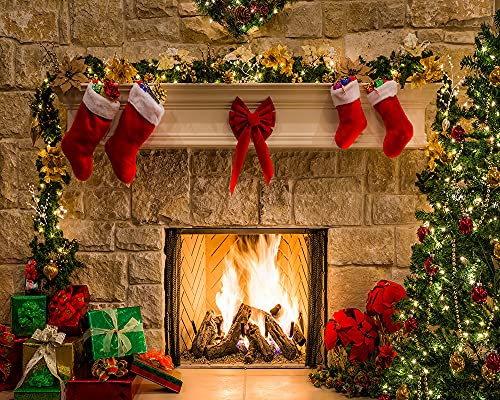 Haosphoto Frohe Weihnachten Kamin Hintergrund 5X3FT Vinyl Xmas Dekoration Baum Hintergründe Strumpf Holz Kranz Xmas Fotografie Hintergrund für Happy Silvester Home Party Foto Studio Requisiten HS185