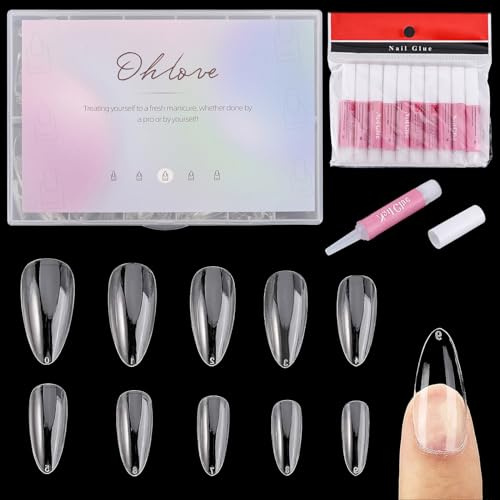 Almond Shaped Transparent Nail Tips with 10 Nail Glue, 500 Acrylic Nails, Full Cover for Nail Art