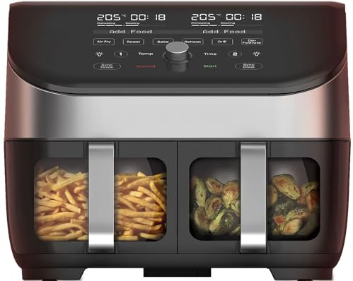 Instant Vortex Plus Freidora de Aire Digital XL de Cesta Doble con ClearCook 8 en 1, Freír al Aire, Hornear, Asar, Grill, Deshidratar y Calentar – Acero Inoxidable, 1700 W – 5,7 L