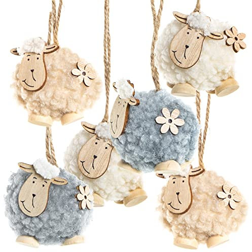 Logbuch-Verlag 6 Osteranhänger Schafe grau weiß Schäfchen aus Plüsch und Holz Ostern Deko zum Aufhängen 7 cm