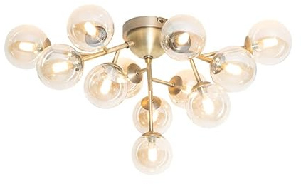 Qazqa Art Deco Deckenleuchte, Deckenlampe - Bianca - Bronze mit Bernsteinglas, Vintage, Rund, 12-flammig, 60cm, Ideal als Flur, Schlafzimmerlampe und Wohnzimmerlampe