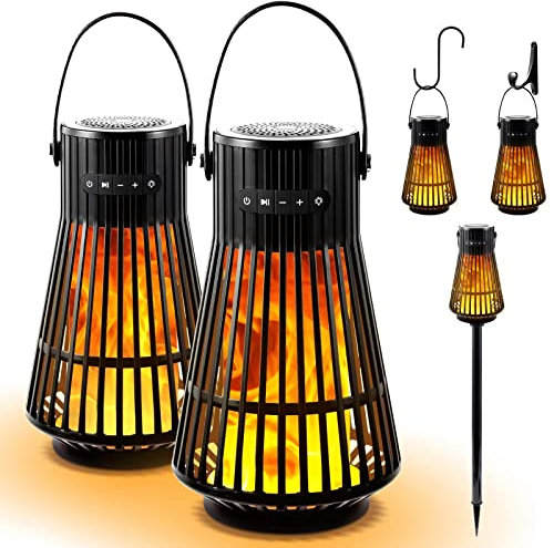 Outdoor Bluetooth Flame Speaker, Tesoorda LED Flickering Flame Effect Speaker with Torch Light, Portable Waterproof Wireless Speaker with Wall Mounted Hook&S Hook&Stake for Camping, Deck, Patio, 2Pack