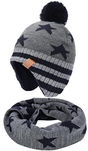 Foruhoo Jungen Wintermütze Beanie Hut, Mädchen Strickmütze Mütze mit Bommel(Grau Stern Set,53)