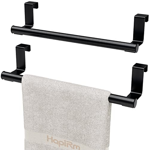 HapiRm Over the Door Towel Rail, Black Kitchen Towel Holder with Protective Pads, Stainless Steel Kitchen Towel Rail No Drilling, Rustproof Towel Storage for Cabinet Door, 2 Pack, 23.5cm