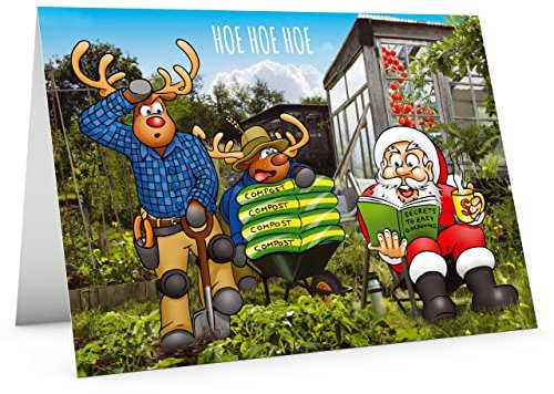 STREET SANTA - Garden Christmas Card - Santa Relaxing in Allotment with Reindeers, Hand-Drawn UK Illustration, Large A5-Sized (210mm x 148mm), Gloss Finish, Blank Inside