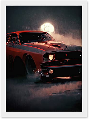 Doppelganger33 LTD Classic Red Sports Muscle Car On A Rainy Atmospheric Night Artwork Framed Wall Art Print A4