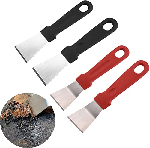 4 Pcs Scraper, Straight & Bending Cleaning Scraper Stainless Steel Scraper None-Scratches Putty Scraper for Ovens, Stoves, Induction Hob Red Black