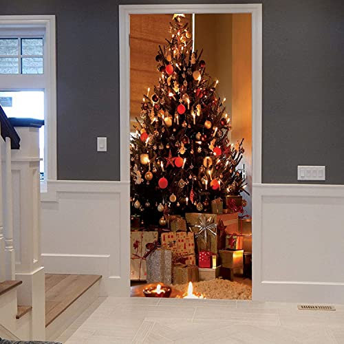 Selbstklebende Tapete 3D Vintage Kamin Weihnachtskiefer 95 X 215 Cm Türtapete Selbstklebend Türposter Fototapete Poster Tapete Pvc 3D Türaufkleber Selbstklebend Diy - Junge Mädchen Zimmertür Kunst Tü