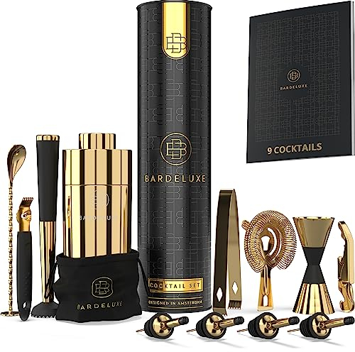 BarDeluxe® Kit Cocktail, 12 Pièces, Kit Cocktail Professionnel | Shaker Cocktail 750ml, Acier Inoxydable | Cocktail Shaker Kit, Kit Barman, Cocktail Kit | Set de Cocktail | Livre de Cocktails (Or)