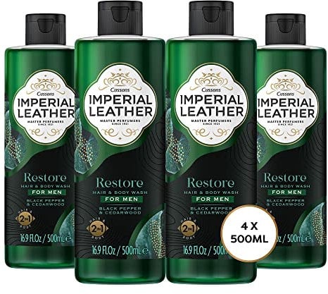 Imperial Leather Men Restore Shower Gel 2in1 Body Wash, Black Pepper and Cedarwood, Vegan and Cruelty Free, Bulk Buy, Pack of 4 x 500 ml