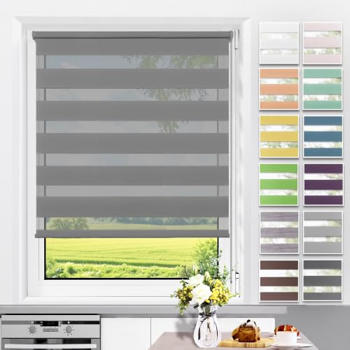 Allesin Doppelrollo Klemmfix ohne Bohren & mit Bohren, Duo Rollos für Fenster und Tür, Klemmrollo Fensterrollo lichtdurchlässig Sichtschutz, B105 x H200cm (Stoffbreite 105cm) Anthrazit
