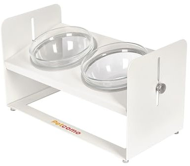 PETCOMO Elevated Dog and Cat Bowl Stand – Adjustable Height, White Steel Tilted Stand with 2 Glass Feeding Dishes for Food and Water - MK2070A