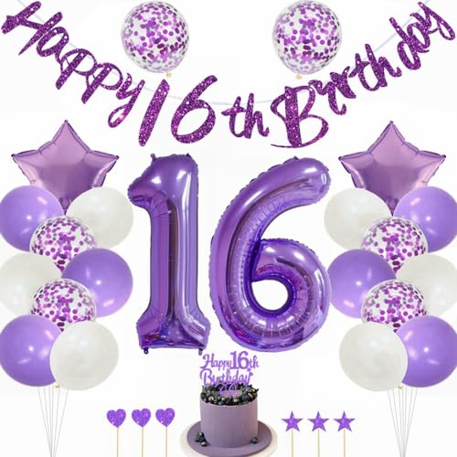Kiwochy Lila 16. Geburtstag Dekoration - Luftballons, Folienballon & Party Deko für Mädchen