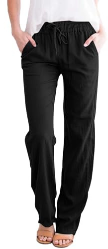 Tincini Leinenhose Damen Hose Sommer Musselin Leinen Hosen Stoffhose Einfarbig Freizeithose Gerade Geschnitten Strandhose Sommerhose mit Taschen