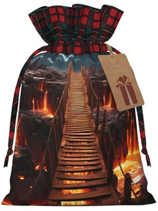 BTCOWZRV Weihnachts-Geschenkbeutel aus Leinen, coole Lava-Brücke, wiederverwendbare Geschenkverpackung, Sack, Weihnachts-Süßigkeitentüten mit doppeltem Kordelzug, Weihnachtsbeutel für