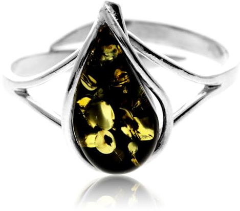 SilverAmber Jewellery Großbritannien – Echter grüner baltischer Bernstein und 925er Sterlingsilber, moderner, Verstellbarer Designerring – G403GA