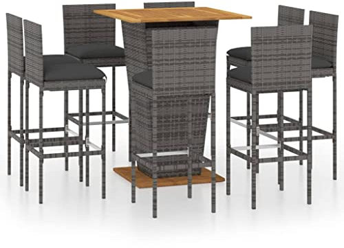 Makastle 9-teilig Gartenbar Set mit Kissen, Garten Sitzgruppe Essgruppe Stehtisch Barstühlen Gartenmöbel, Bartisch mit Barhocker Set für Garten Rasen, Poly Rattan Grau