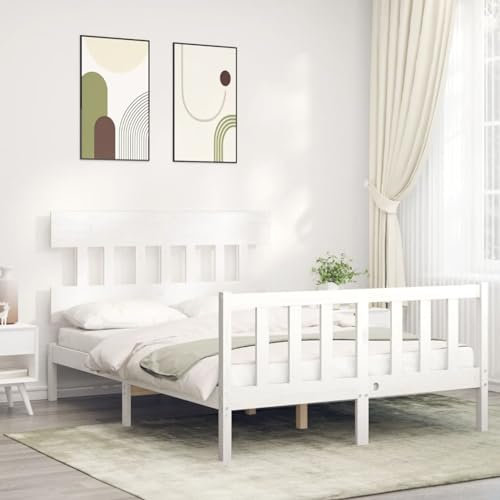 ARKEM Massivholzbett mit Kopfteil Bettgestell Bed Frame Holzbett Kopfteil Bett Schlafzimmer Bett Massivholzbetten Weiß 140x200 cm - 3193337