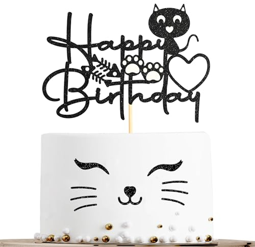 Sotpot Cat Cartoon Happy Birthday Cake Topper 1PCS Black Glitter Kitten Baby Birthday Cake Picks for Cat Kitten Theme Baby Shower Kids Birthday Decoration Supplies