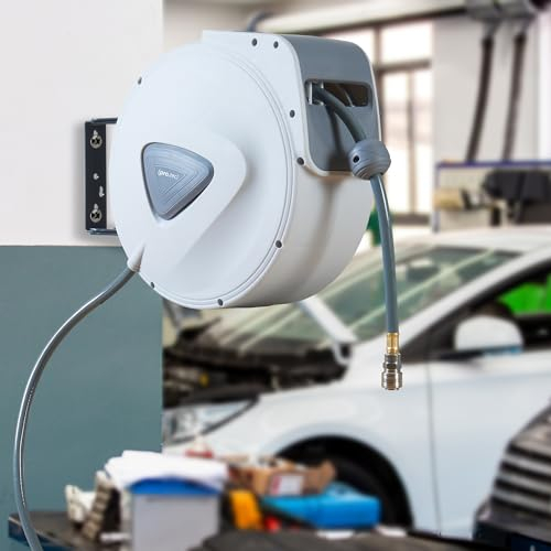 pro.tec Avvolgitubo Automatico ad Aria Compressa con Tubo da 20+2 m Arrotolatore Tubo con Montaggio a Muro con Staffa a Rotazione di 180° Collegamento 1/4 - Bianco